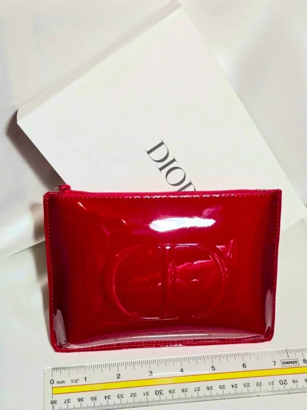 DIOR RED Glossy Patent Leather Like Cosmetic Makeup Bag Pouch Case New Authentic